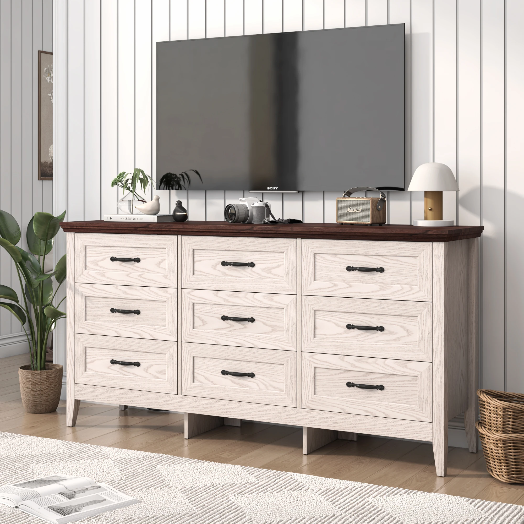

Farmhouse 9 Drawers Dresser, 63" Wood Dresser for Bedroom Wide Chest of Drawers, French Country Storage Double Dressers Organize