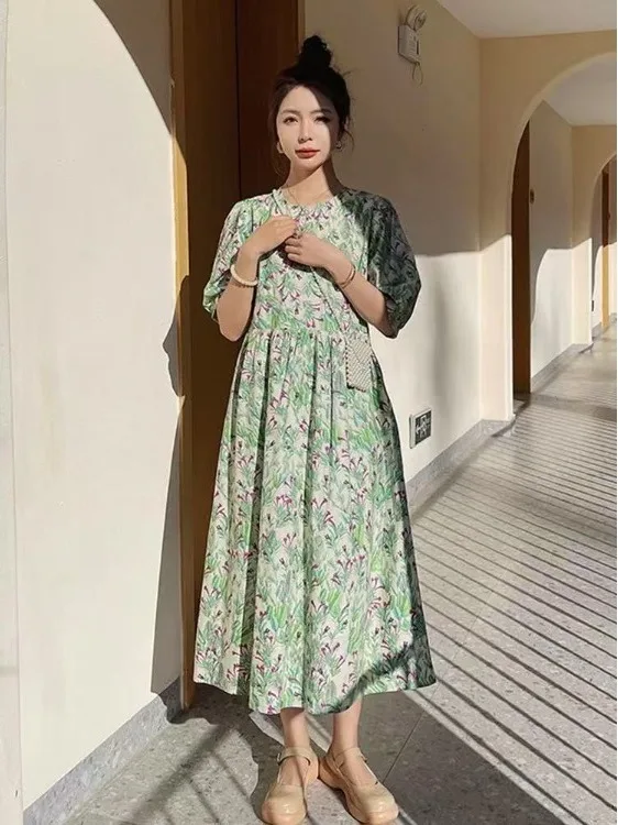 Retro Floral Print Women's Dr Ele Summer 2025 Loose Fitting Slimming Long Gown Bubble Sve A-Line Midi Dr