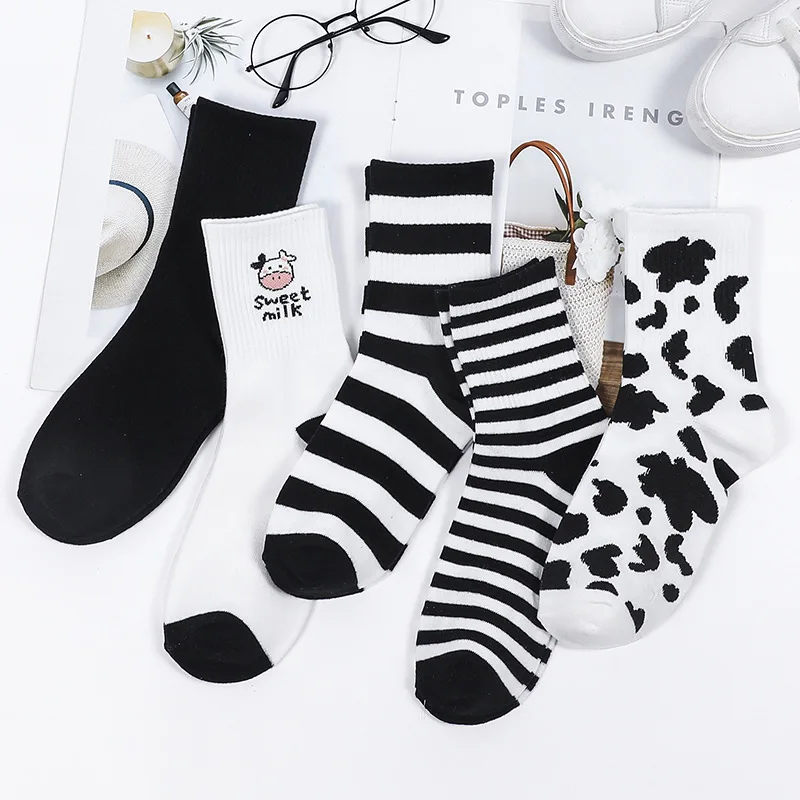 Women Socks, Autumn and Winter, Medium Length Socks, Winter, Black and White, Cute Cow Spots, Versatile Long Tube Socks, Stripes