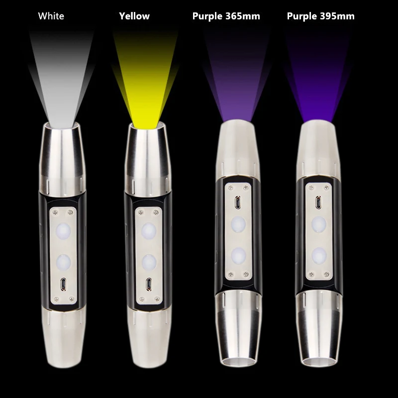 365nm 395nm UV LED Flashlight Purple Yellow white 4 lights Usb Rechargeable Torch Identification Marker Jade Checker Detection