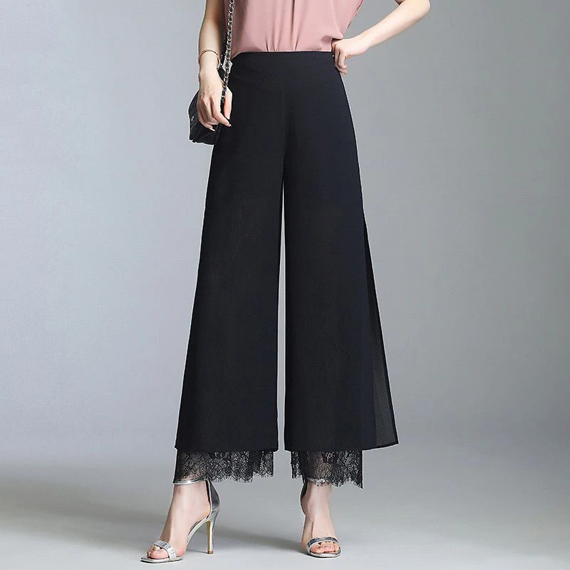 Women Split Lace Patchwork Elegant Straight Wide Leg Cropped Trousers Female Summer Black Loose High Waist Thin Pants Pantalones