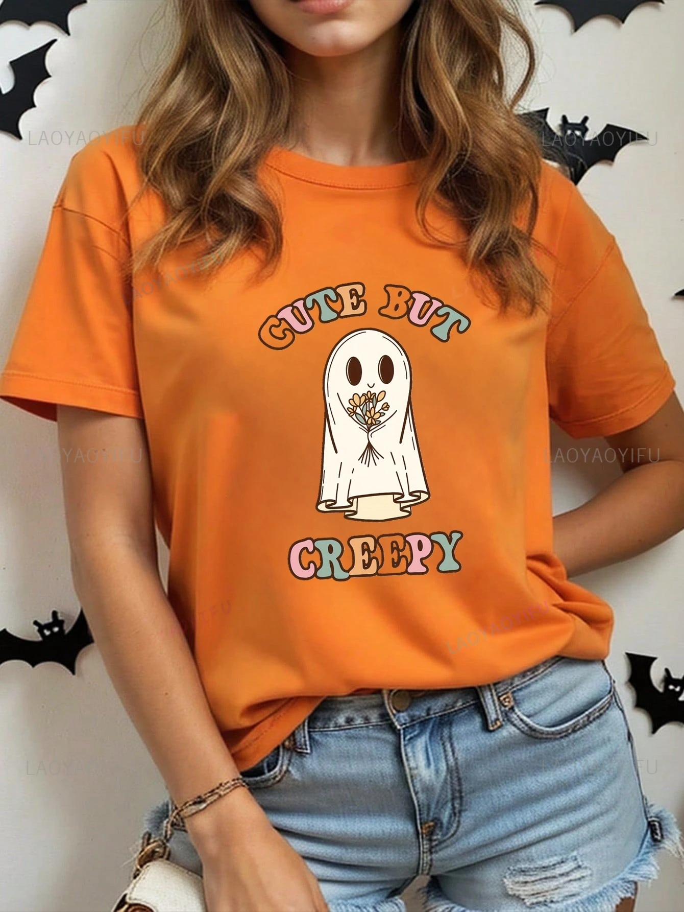 CUTE BUT CREEPY, Halloween Party Women's Shirt, Everyday Casual Streetwear, Women's Short Sleeve 0 Neck Cotton T-shirt