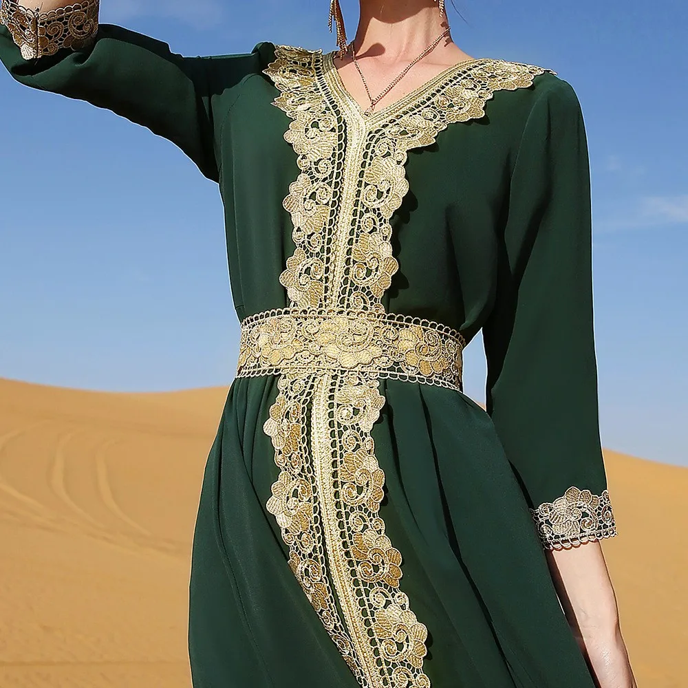 Women's Spring Summer Lace Embroidered V Neck Long Sleeve Loose Waist Pullover Solid Color Dress Luxury Kaftans Elegant Formal