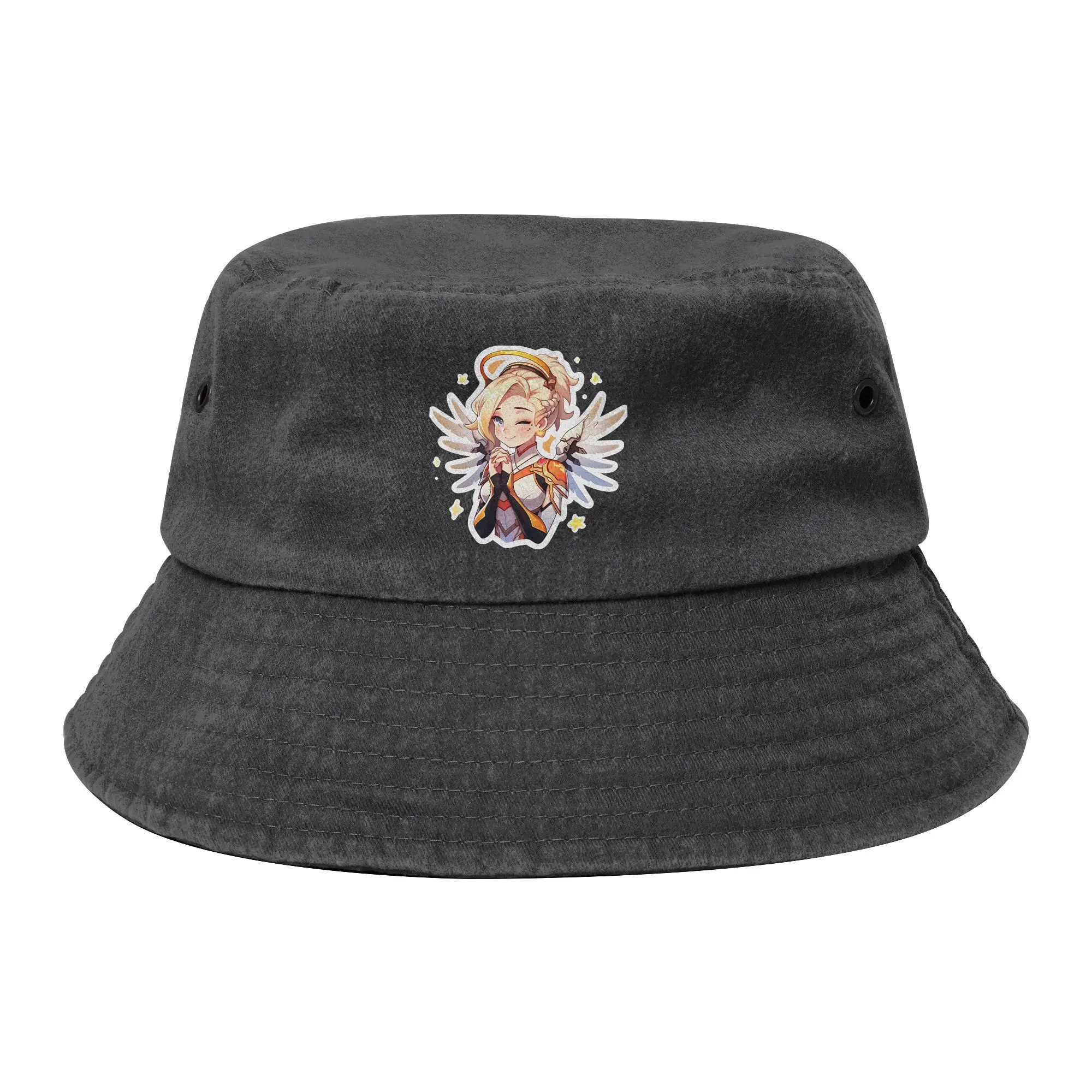 Unisex Distressed Denim Bucket Hats Cute Mercy Vacation Fishing Cap Overwatch Game Bob Hat Gifts Idea