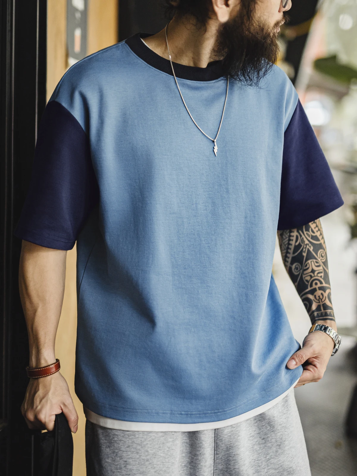 

Maden Loose Fit Color Blo T-irt oulder Sve ort Sve Men's Summer Casual round Ne Cotton Polyester Blend