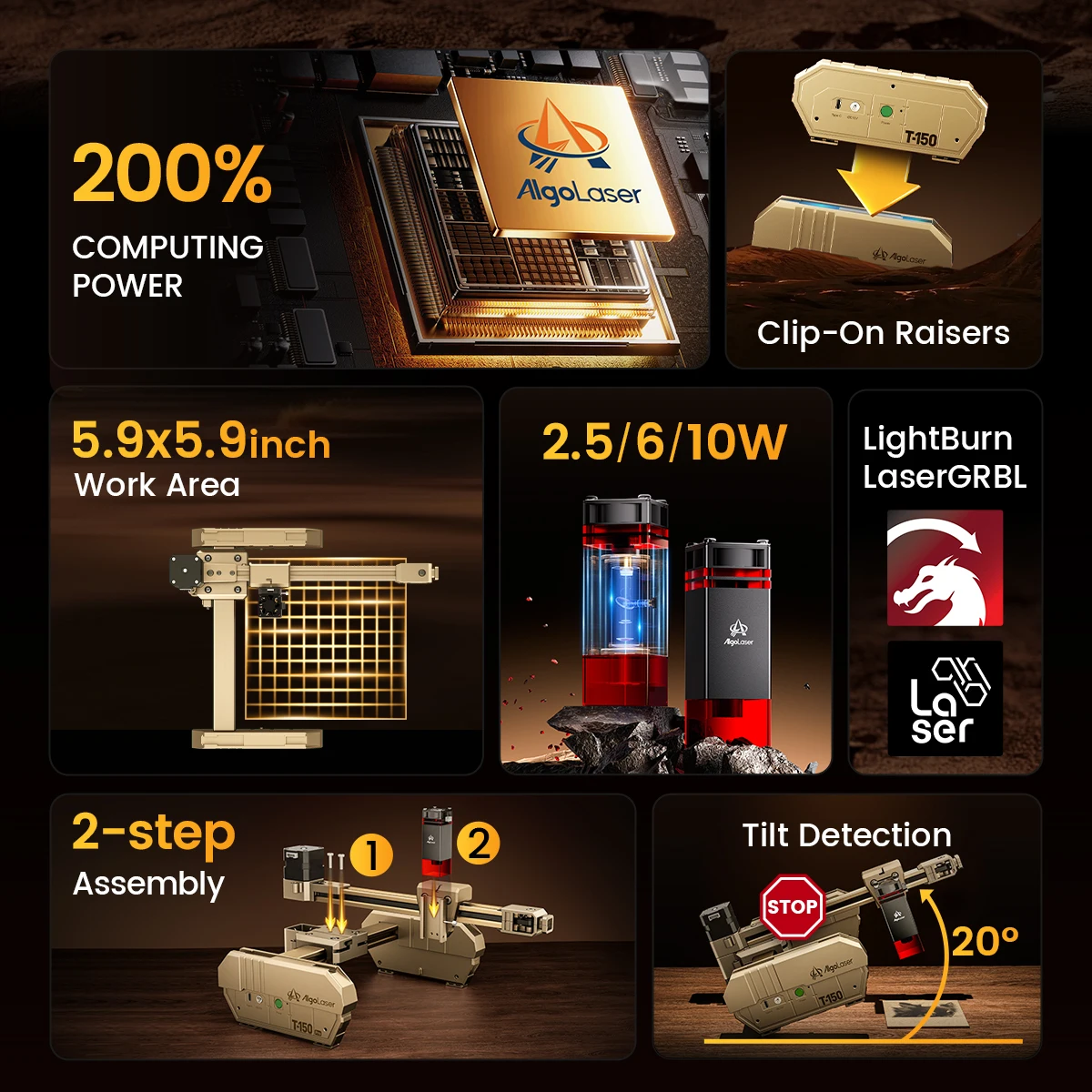 AlgoLaser T150 2.5W 6W 10W High Precision Portable Laser Engraving Machine Easy to Use Fast With Rotary Roller Chuck  Wood Gift