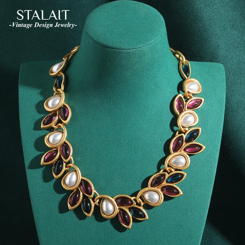 

Vintage Leaf Pearl Necklace Woman Choker Rose Pink Glass Glaze Beautiful Wedding Antique Gold Color Luxury Designer Jewelry 2025