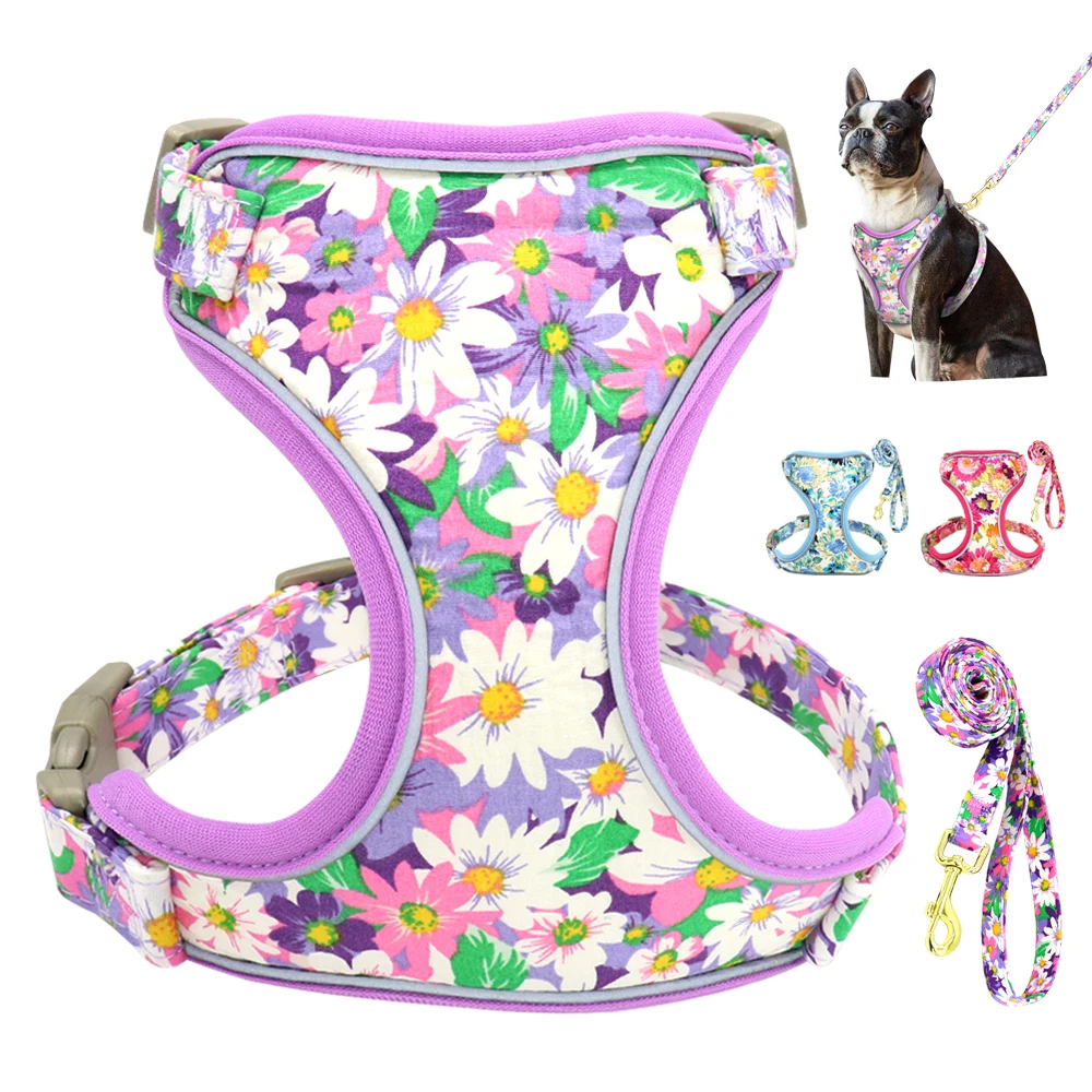 

Colorful Print Dog Harness Leash Set Reflective Nylon Dogs Vest Harnesses With Lead Belt Rope for Small Medium Large Dogs Pug