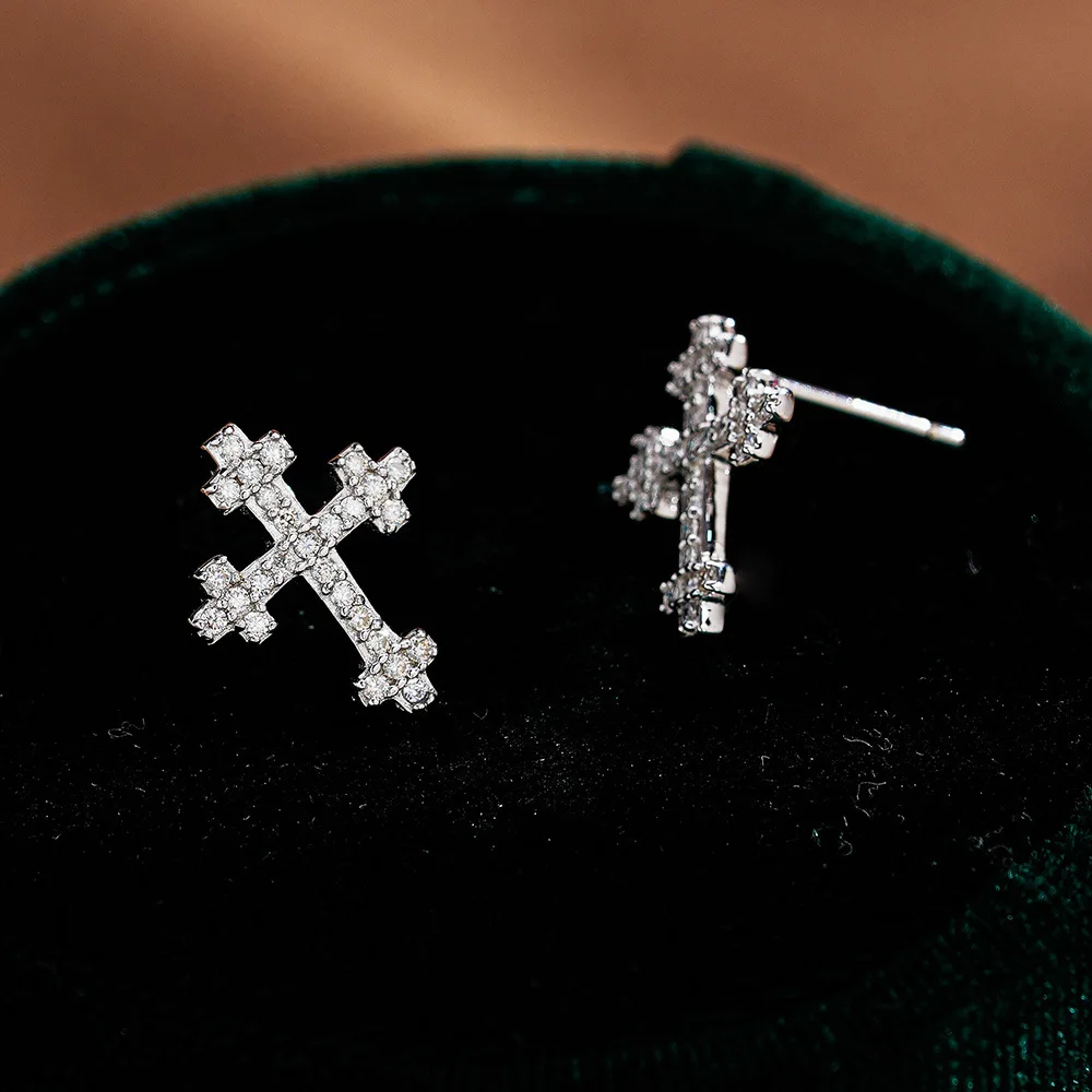 Lumira PT950 Platinum Orthodox Cross Pave Moissanite Stud Earrings, Full Micro-Set Round Gem Religious Dainty Ear Jewelry