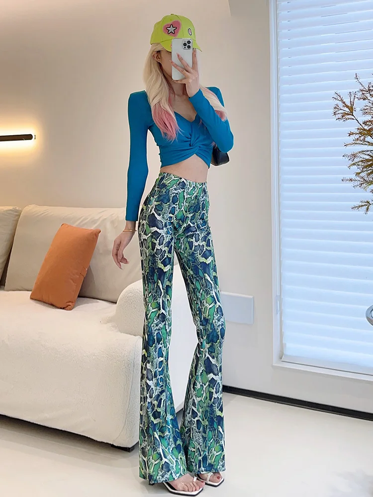 Pantaloni Bot a campana con stampa serpente sexy Pantaloni da donna sottili a vita alta dimagranti Pantaloni casual drappeggiati in misto poliestere
