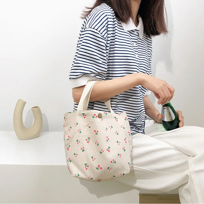 Portable Handbag Small Cloth Bag Pastoral Style Casual Canvas Handbag Traveler Leisure Lunch Bag