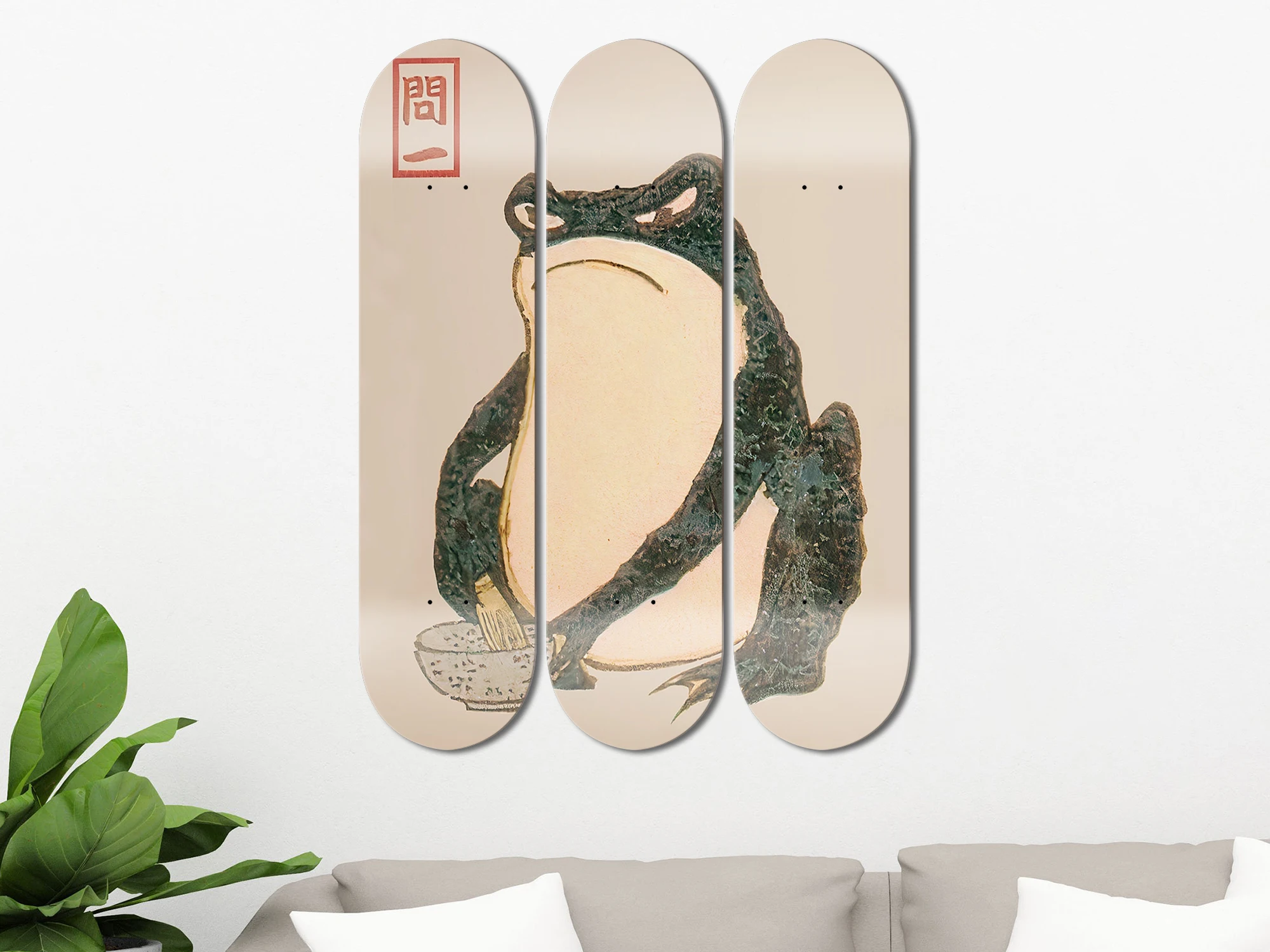 Set of 3pcs Matsumoto Hoji Grumpy Frog 3-Piece Skateboard Wall Art, Japanese Ukiyo-e Decor