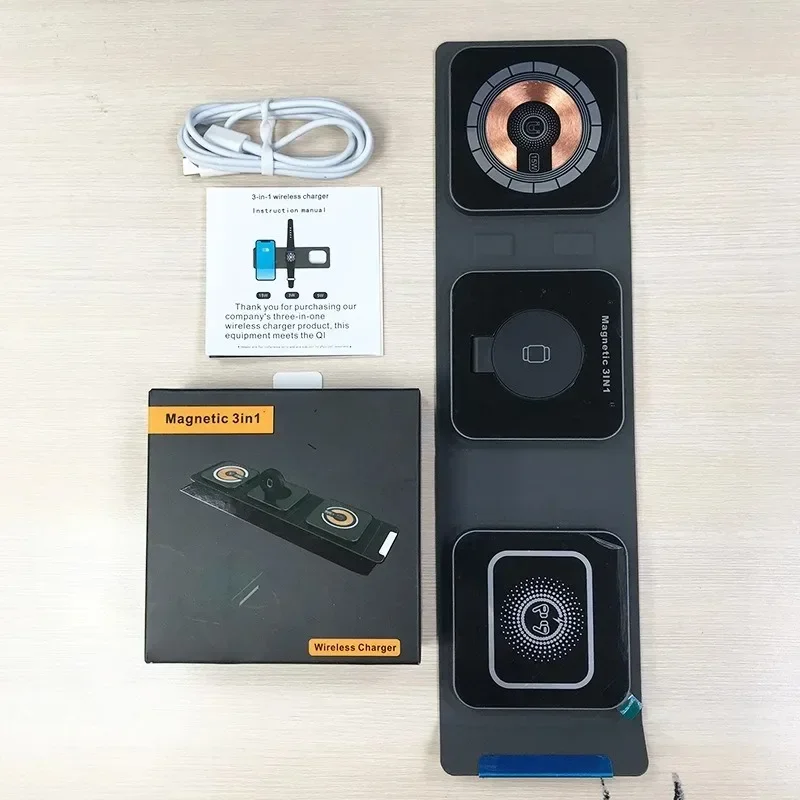 15 W 3-in-1 faltbare magnetische Powerbank und kabelloses Ladegerät – Autoaufladung, Apple-Schnellladung, Sprühgummi-Ölbeschichtung