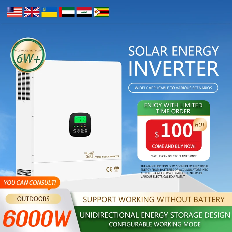 Single Phase Hybrid Inverter 6KW AC Off-Grid 48v Built 80A/100A Lusen MPPT Solar inverter  for Home