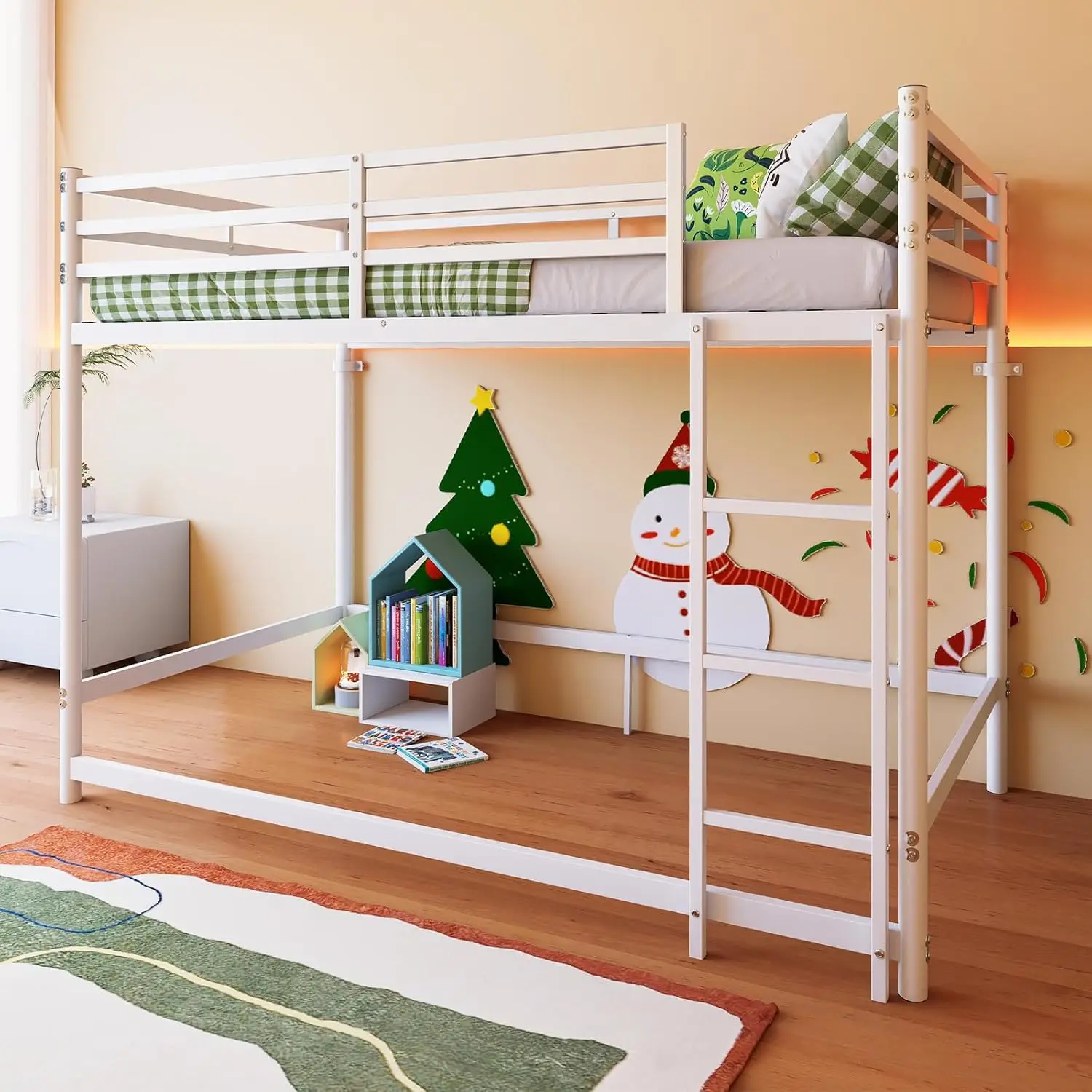 Twin Metal Loft Bed with Four Lower Connecting Rails, Ladder and 16.14 in. Guardrails, 400 lbs Capacity, 19 Slats, No Box Spring