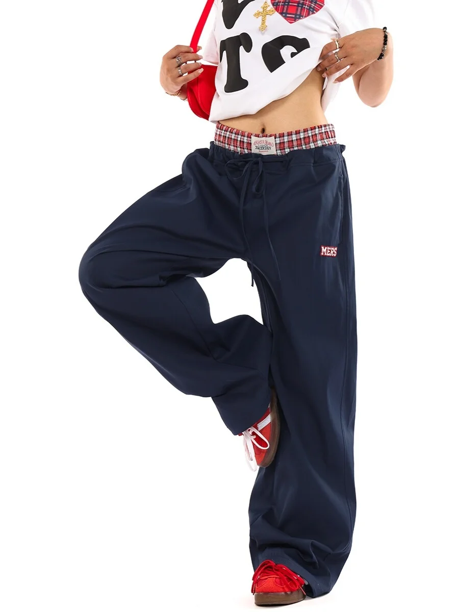 Américain rétro Plaid épissage faux deux pièces pantalons décontractés hommes et femmes rue Hip Hop sport ample Double taille jambe large...