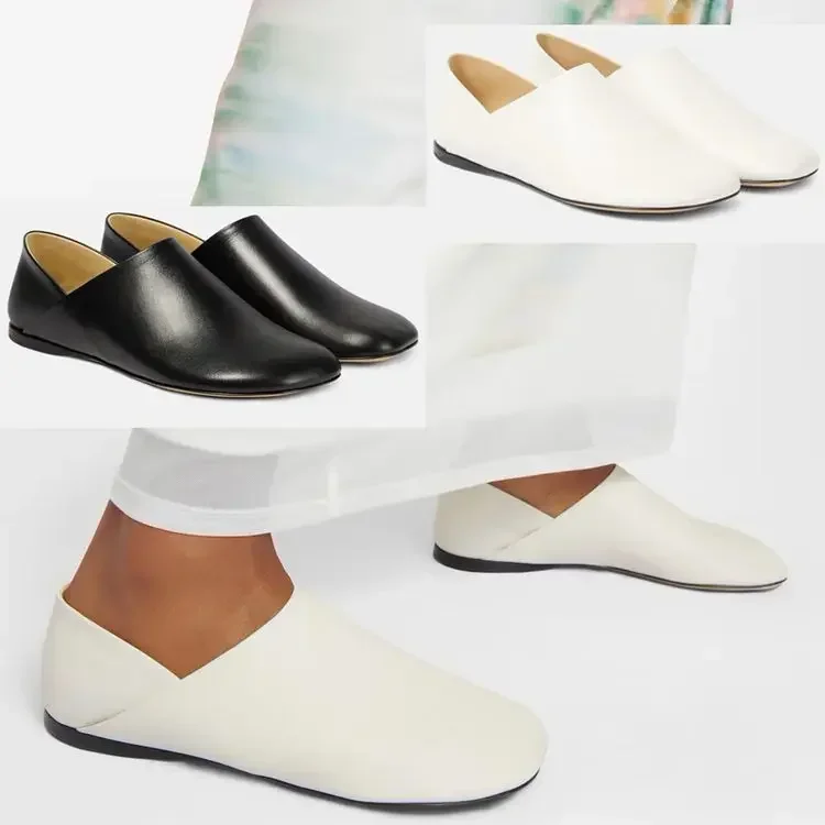 Women's Spring/Summer New Black and White Leather Flat Shoes Fashion Round Head Comfortable 34-46 Large Women's Single Shoes