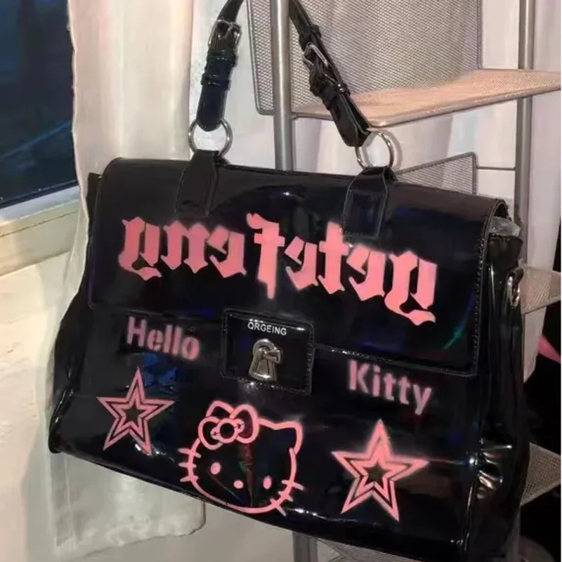 Y2K Hello Kitty Cartoon Handbag Sanrio Sweet and Spicy Anime Print Hot Girl Black Pu Waterproof Fashion Shoulder Messenger Bag