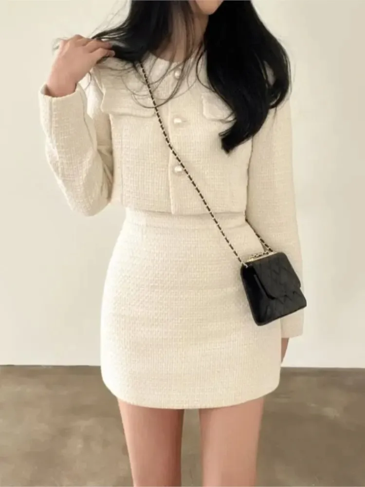 Spring Autumn New 2 Piece Set Women Korea Elegant Single Breasted Short Top Package Hip Mini Skirt Suit Fashion Outfits