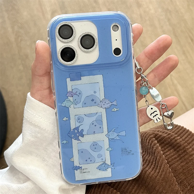 Kawaii الكرتون فقاعة الأسماك قضية الهاتف آيفون 17 برو 14 15 16 برو ماكس الغطاء الخلفي مع قلادة للصدمات لطيف واقية