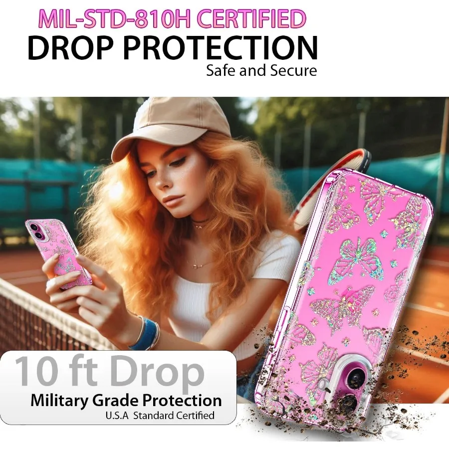 아이폰 16용 투명 글리터 보호 케이스 (스크린 보호필름 포함) 군사 등급 10피트 낙하 방지 디자인 반짝이 크리스탈