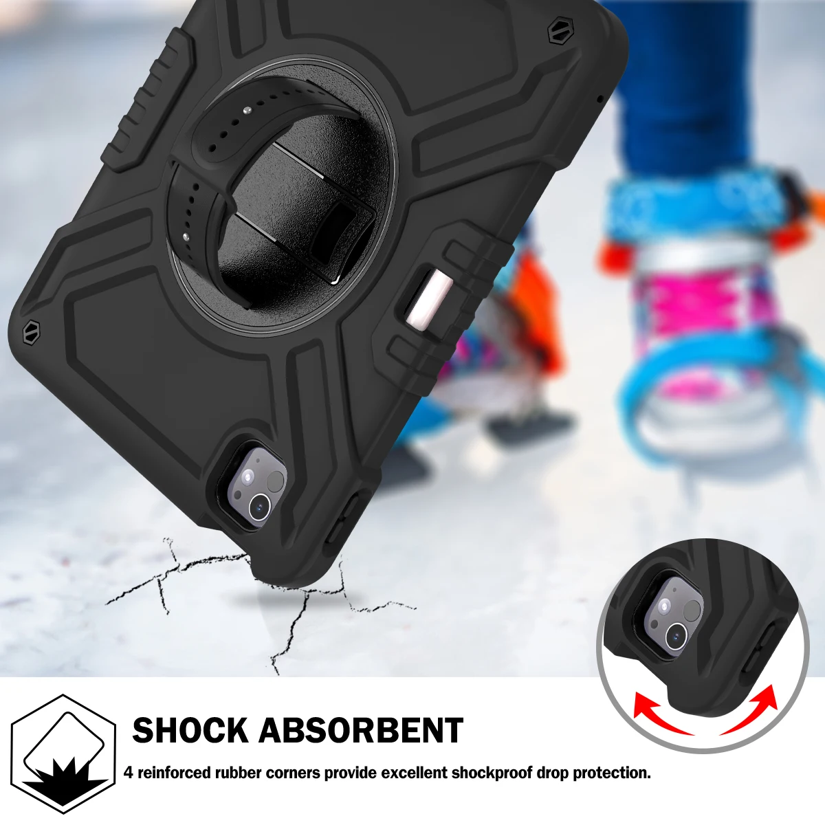 Противоударный чехол для iPad pro 11 дюймов (2024 г.) с 360° °   Вращающийся ремешок для рук, портативный плечевой ремень и слот для карандашей