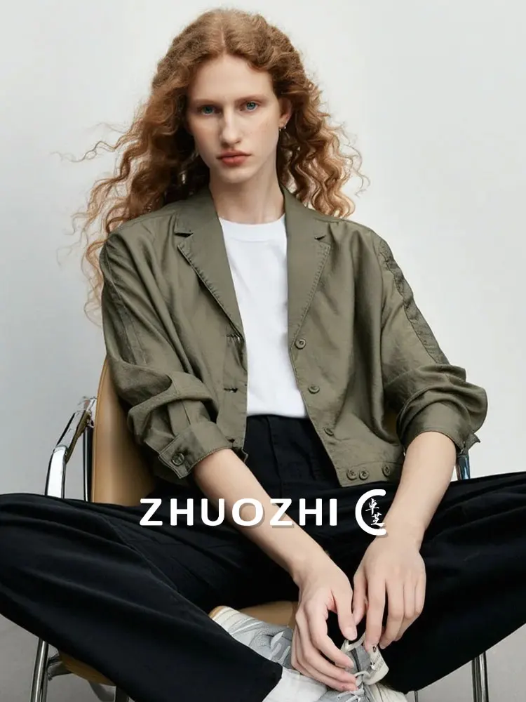 

Женская повседневная куртка ZhuoZhi Весна 2026: тонкая, с плоским воротником, на пуговицах, в французском стиле, свободного кроя, с длинными рукавами и множеством карманов