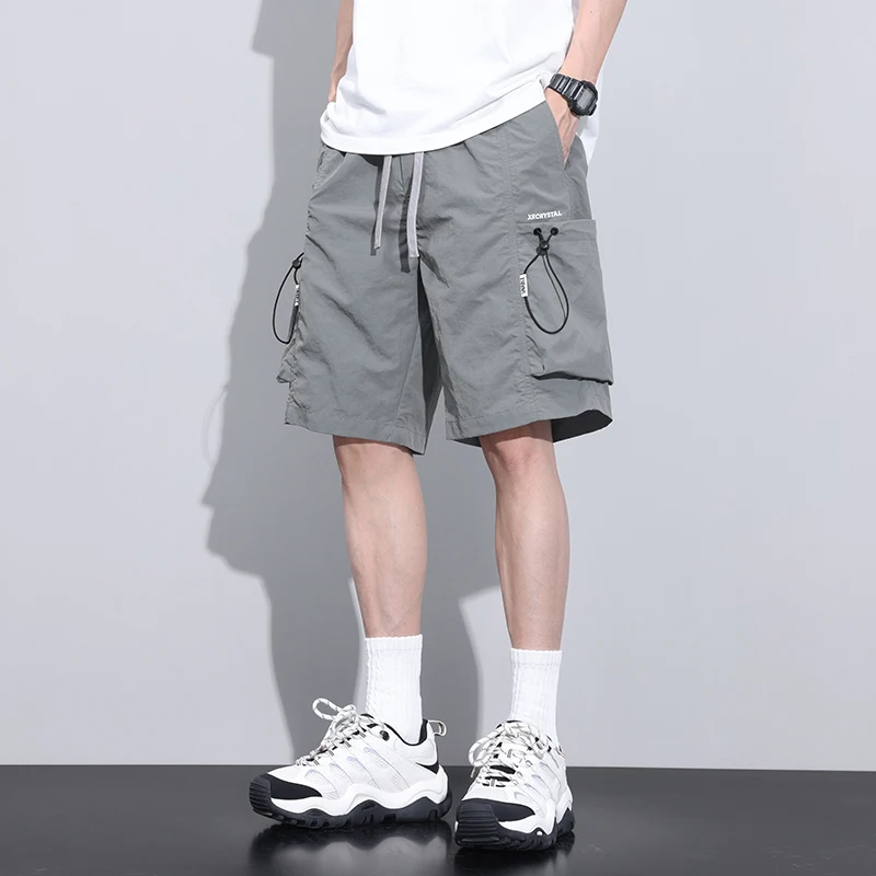 

New 2024 Summer Solid Color Men's Casual Shorts Outdoor Loose Knee-Length Pant Sportwear Elastic Waist Trouser Drawstring Jogger