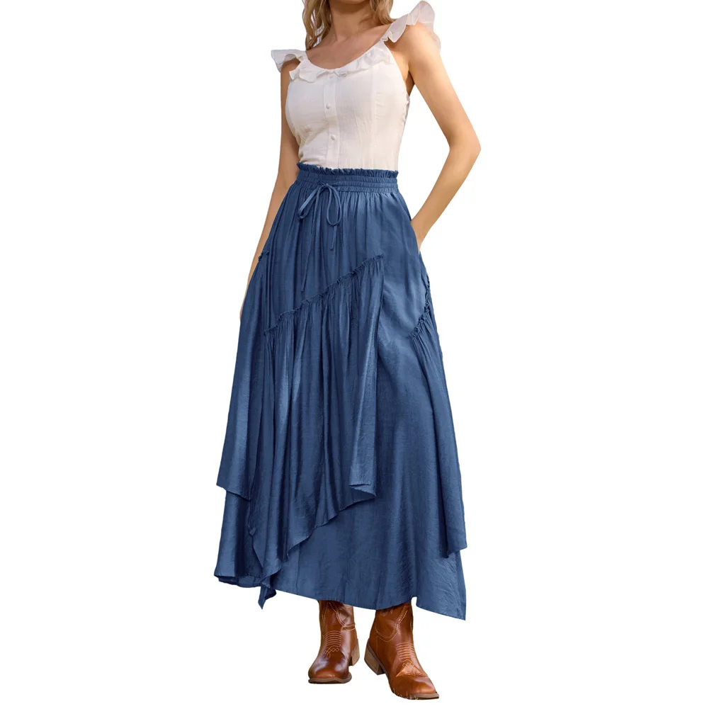 

SD Women Renaissance Overlay Decorated Skirt Drawstring Waist Swing Skirt With Open Side Seam Pockets