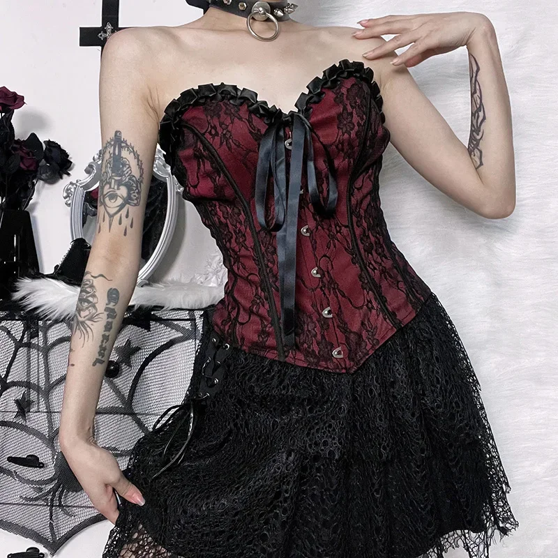 MeowGril Dark Colored Wine Red Lace Patterned Satin Fishbone Corset Tube Tank Top Women's Sensual Bustier Spice Girl Tops