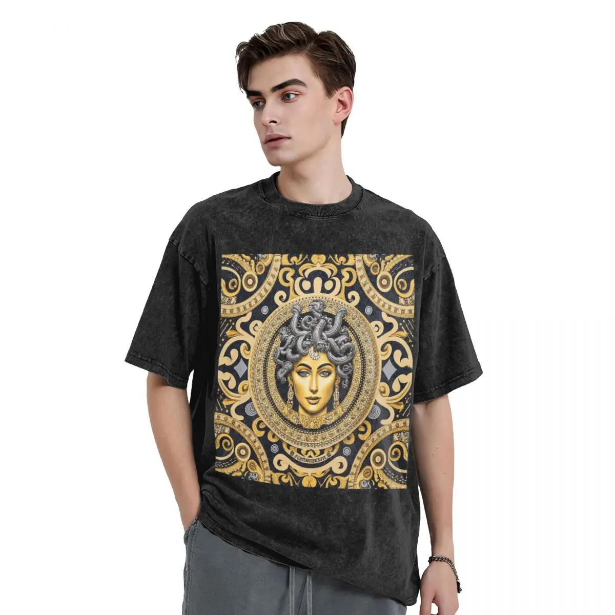 Ancient Greece Medusa Gorgon Vintage Style Washed T Shirts Harajuku Short Sleeve Hip Hop T-Shirt Streetwear Tops Tees Men Women