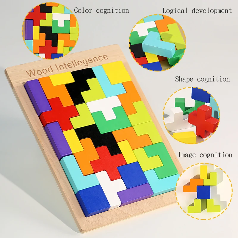 Wooden 3D Puzzles Blocks Brain Teasers Toy Tangram Colorful Jigsaw Game Preschool Educational Gift For Baby Toddlers Kids