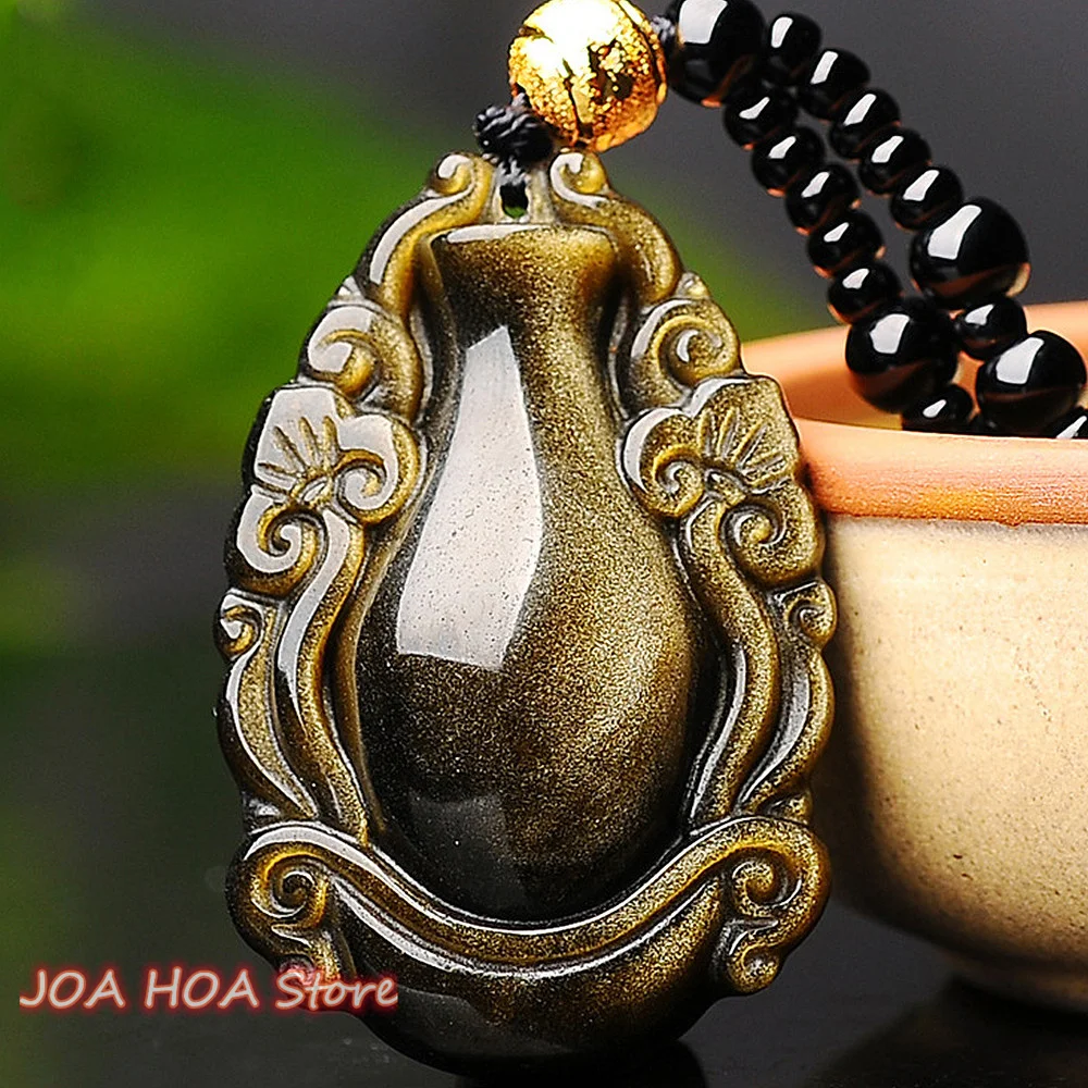 Latest Natural Obsidian Gold-Obsidian Ruyi-Pendant Vase Men's Women's Pendant Necklace Couple Bead Chain Neck Jewelry