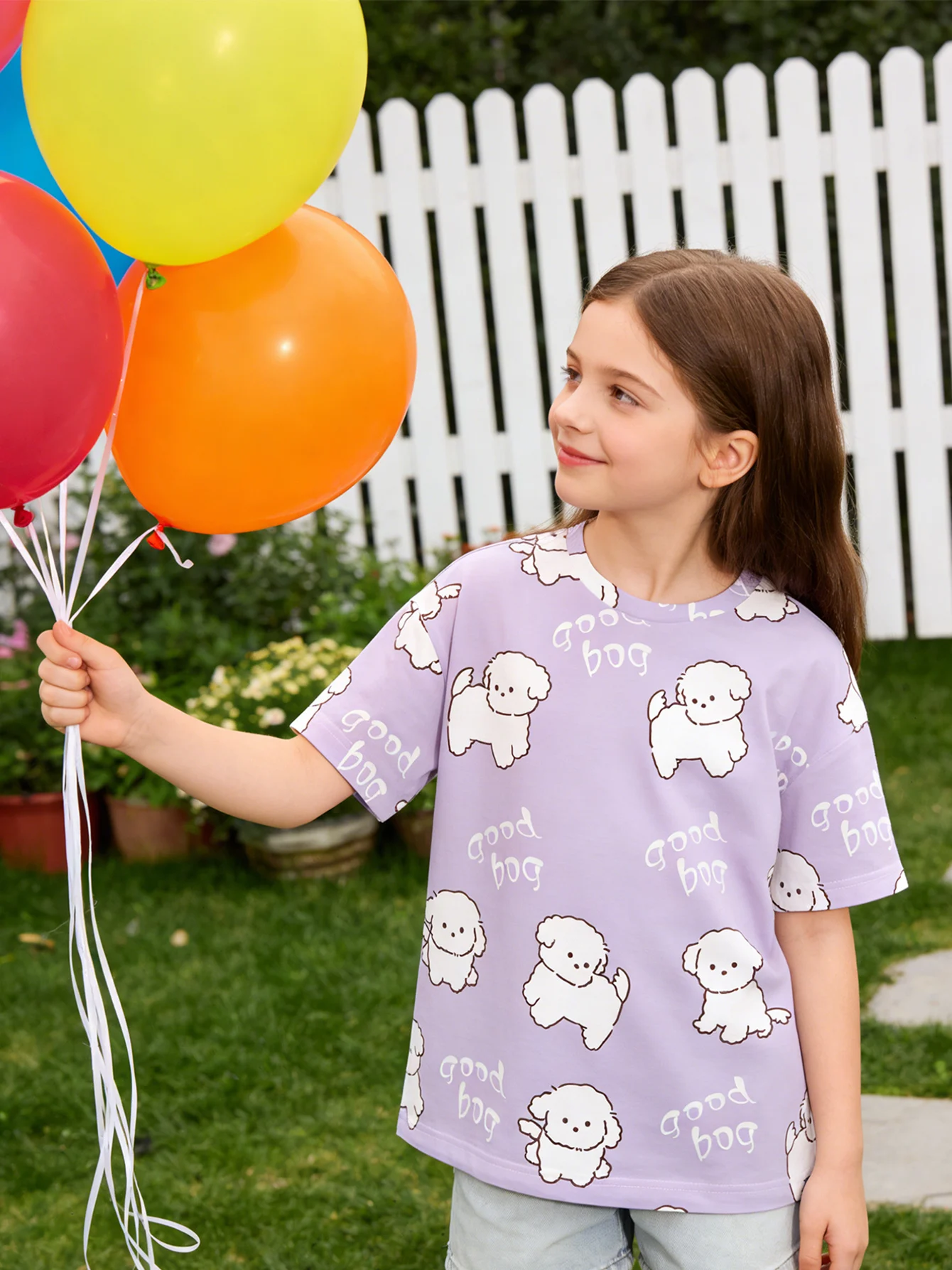 

2026 girls lilac bottom puppy full print short-sleeved T-shirt, casual top summer dress