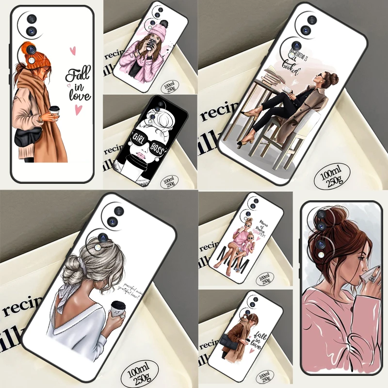 Princess Female Boss Coffee Case For Huawei P30 Lite P40 P20 Nova 9 5T P Smart Honor Magic 5 Pro 70 50 X7 X8 X9a Cover