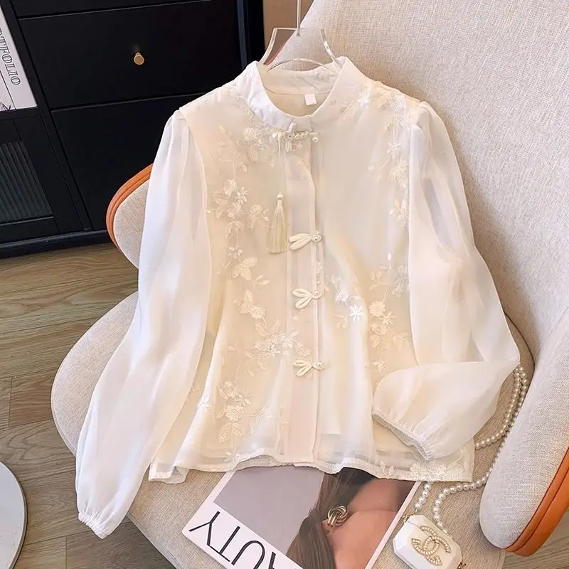 New Women Spring Summer Embroidered Shirt 2025 Petal Sleeve Stand Collar Chiffon Blouses Femme All-match Knot Button Blouse Top