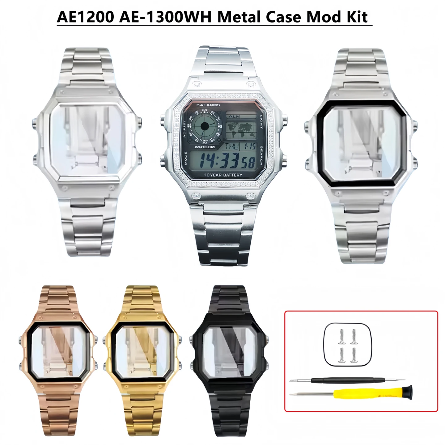 AE1200 Upgrade Diamond Studded Stainless Steel Case Mod Kit for Casio 3299 AE-1200WH AE-1300WH WS-1600H Modify Metal Case+Strap