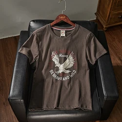 Summer New American Retro Short-sleeved O-neck Eagle Printed T-shirt Men's Fashion Simple 100% Cotton Washed Casual Sport Tops