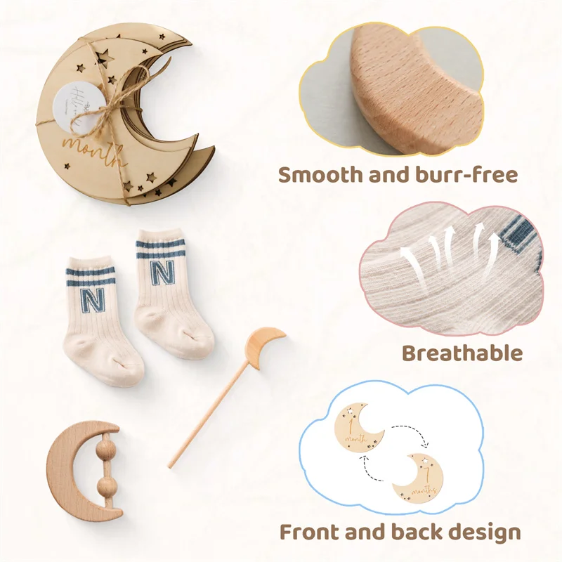 Tarjeta de Hitos de madera para bebé recién nacido, recuerdos con forma de luna y nube, tarjetas de hitos de 0 a 12 meses, accesorios de fotografía para niño y niña