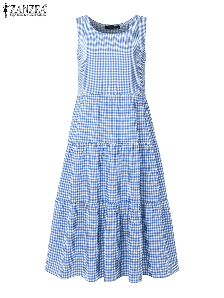 Zanzea dia wear casual a linha robes femme 2025 verão das mulheres o-pescoço vintage gingham vestido de verão sem mangas em camadas vestidos midi