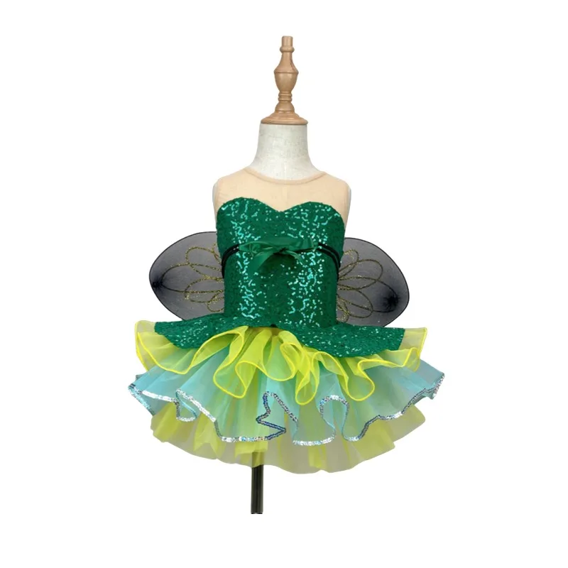 

Костюм феи для девочек, детское зеленое платье принцессы с пайетками и крыльями для Хэллоуина, дня рождения, танцев, балета, платье принцессы