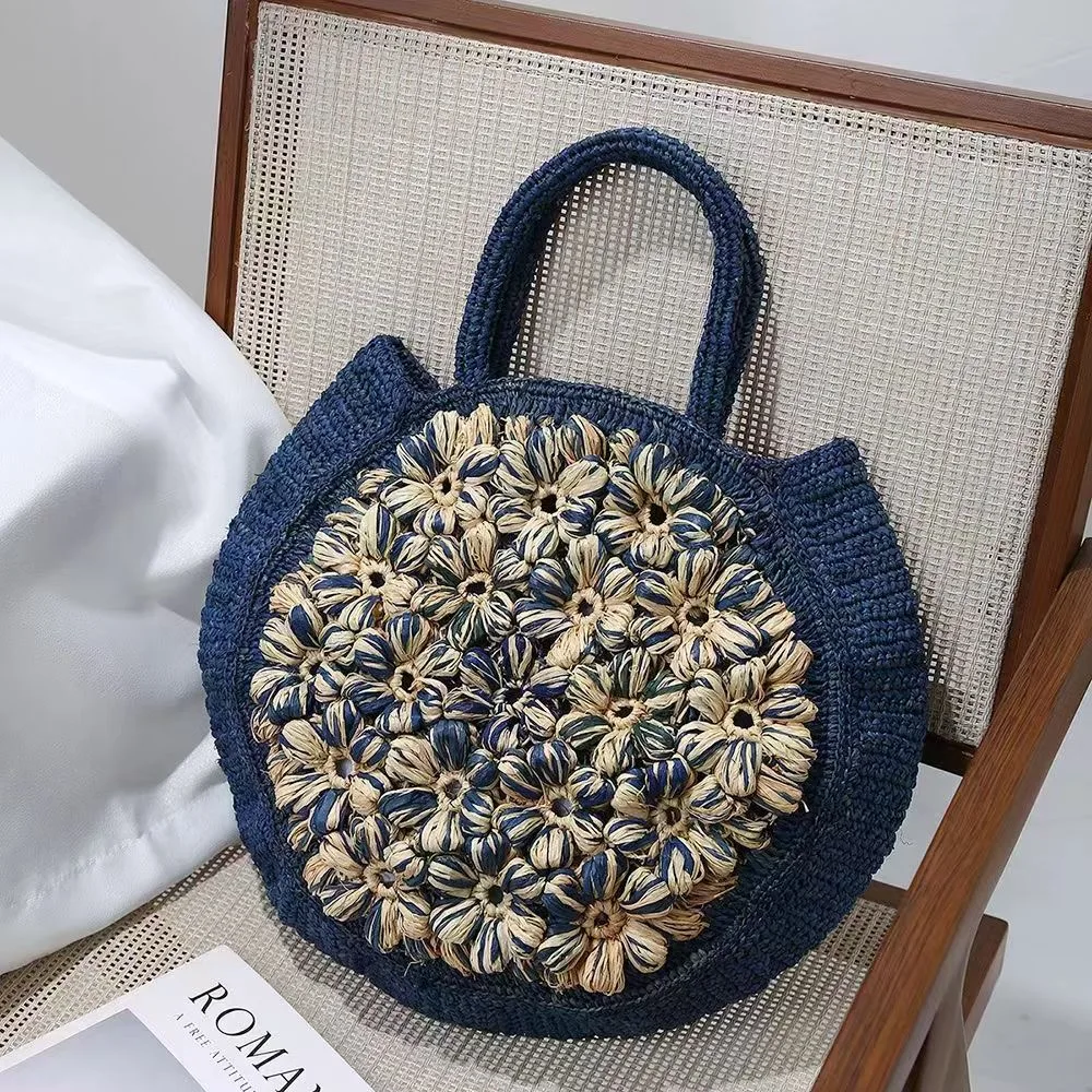 2025 New French Fashion Handmade Flower Natural Raffia Straw Grass Bag For Women Luxury Designer Handbags Beach Tote Bag
