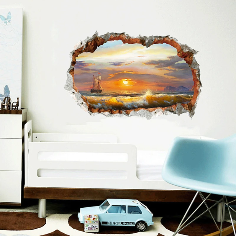 Ocean View Mural Beach Seawave Vinyl Room Wall Hole Art Stickers for Home Decorations Sunrise Sea Scenery Poster Wallpaper