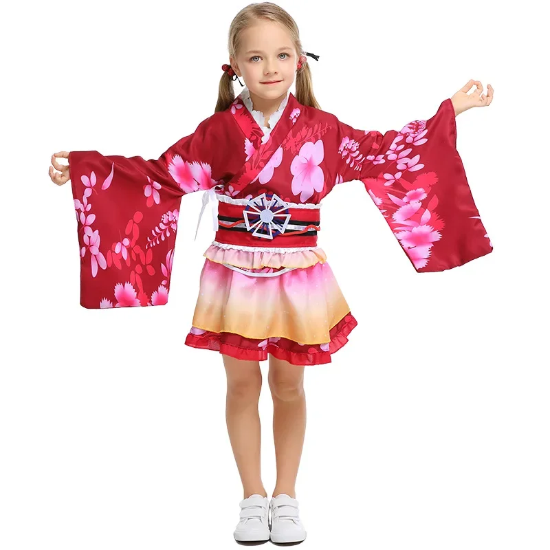 

Children Girls Japanese Kimono Flowers Floral Print Top Dress Belt Bathrobe Set Halloween Cosplay Costumes Role Play Outfit