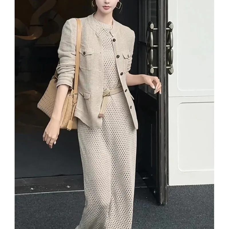 

Relaxed classy sense huge good-lookingjackettops unique beautiful tweed style khaki linen outwear