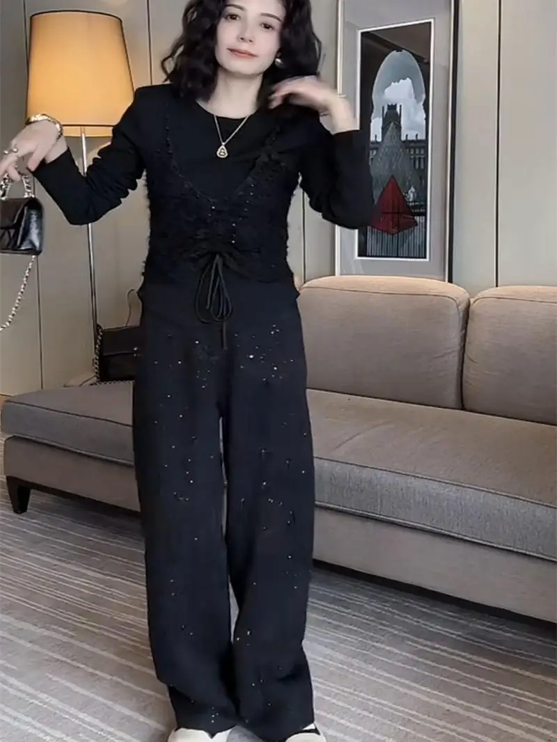 Cseta de Moda con Cuello Redondo y Tirantes de Encaje, Estilo E, Top Casual de Manga Larga para Mujer, Estilo Infor...