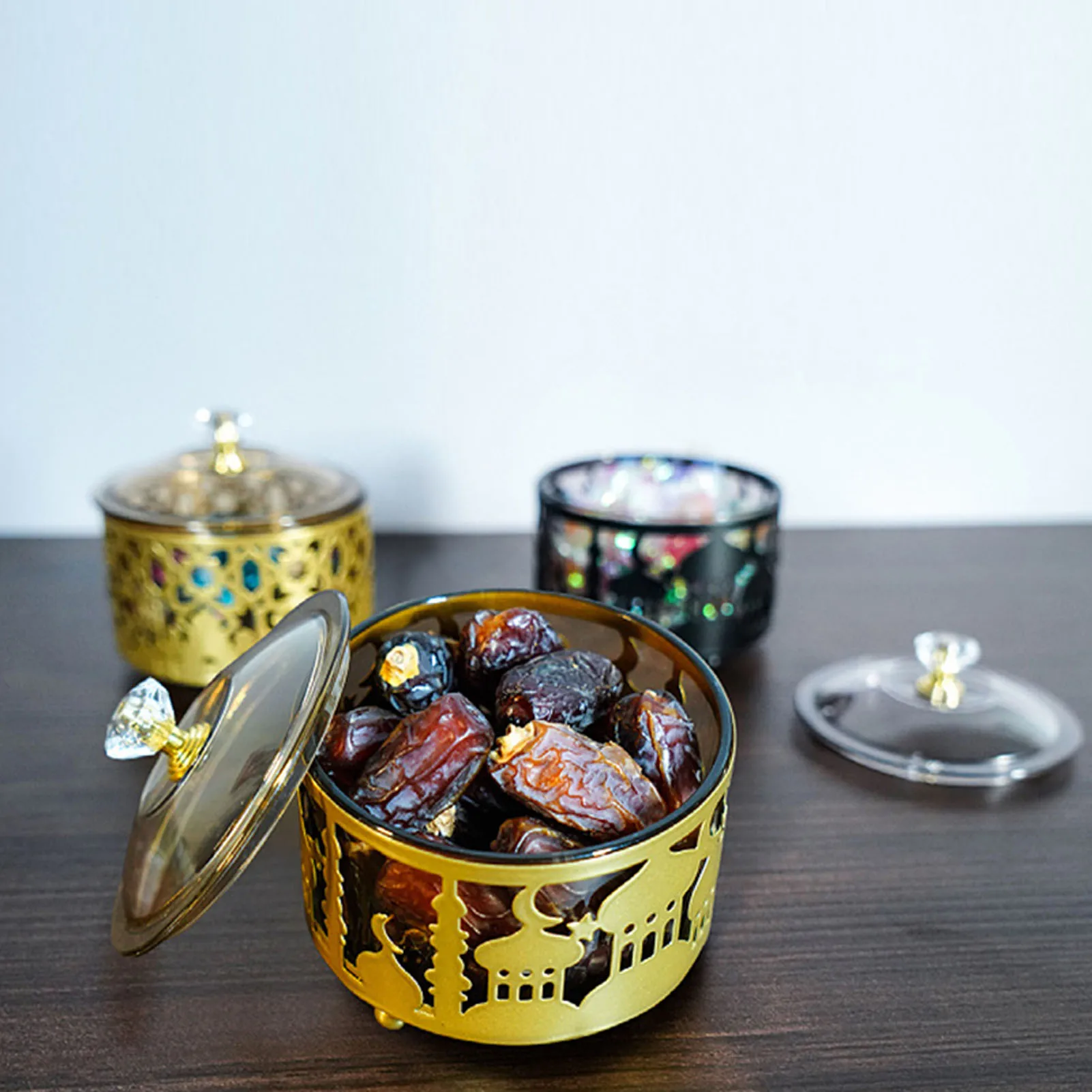 Bandeja de frutas decorativa Eid Mubarak de 3,5 pulgadas, caja organizadora con patrón de mezquita y Luna dorada para aperitivos, dulces de frutas, decoraciones musulmanas de Ramadán