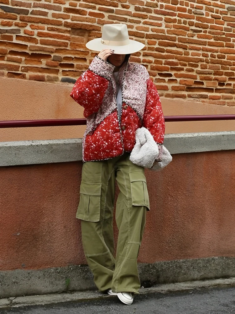 

Autumn Ladies Chic Warm High Streetwear Women Vintage Flower Printed Cotton Coat Fashion Long Sleeve Single Breasted Jacket