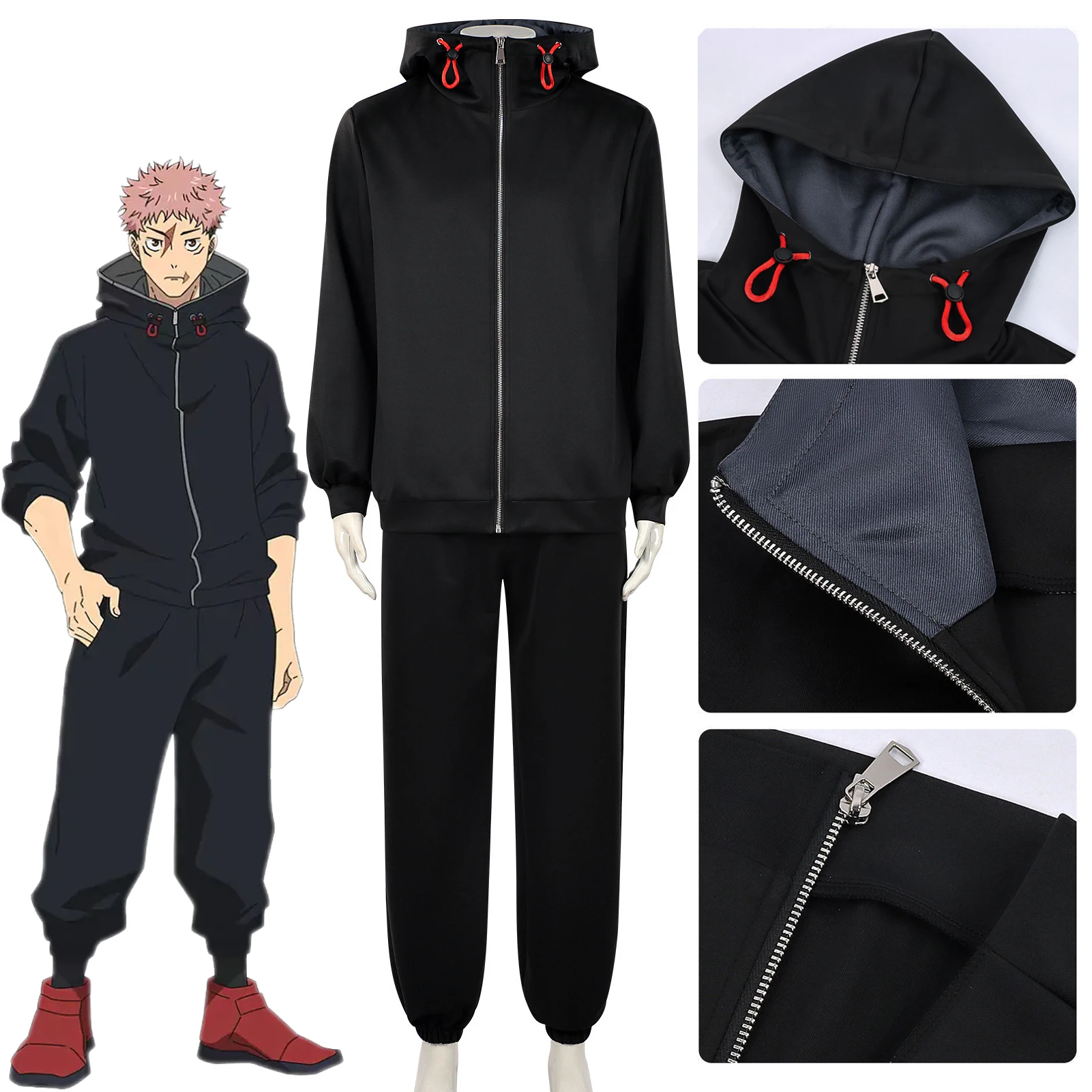 

Itadori Yuji Cosplay Costume JJK Anime Jujutsu Yuji Itadori Black Hoodie Trousers Suit Wig Halloween Men Cos Outfits