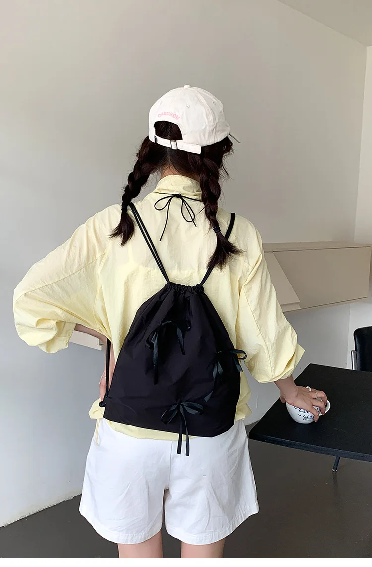 Korean New Thin Belt Drawstring Bow Knot Nylon Backpack Fashion Summer Travel Women Backpacks Causal Spicy Girl Y2k Backpack